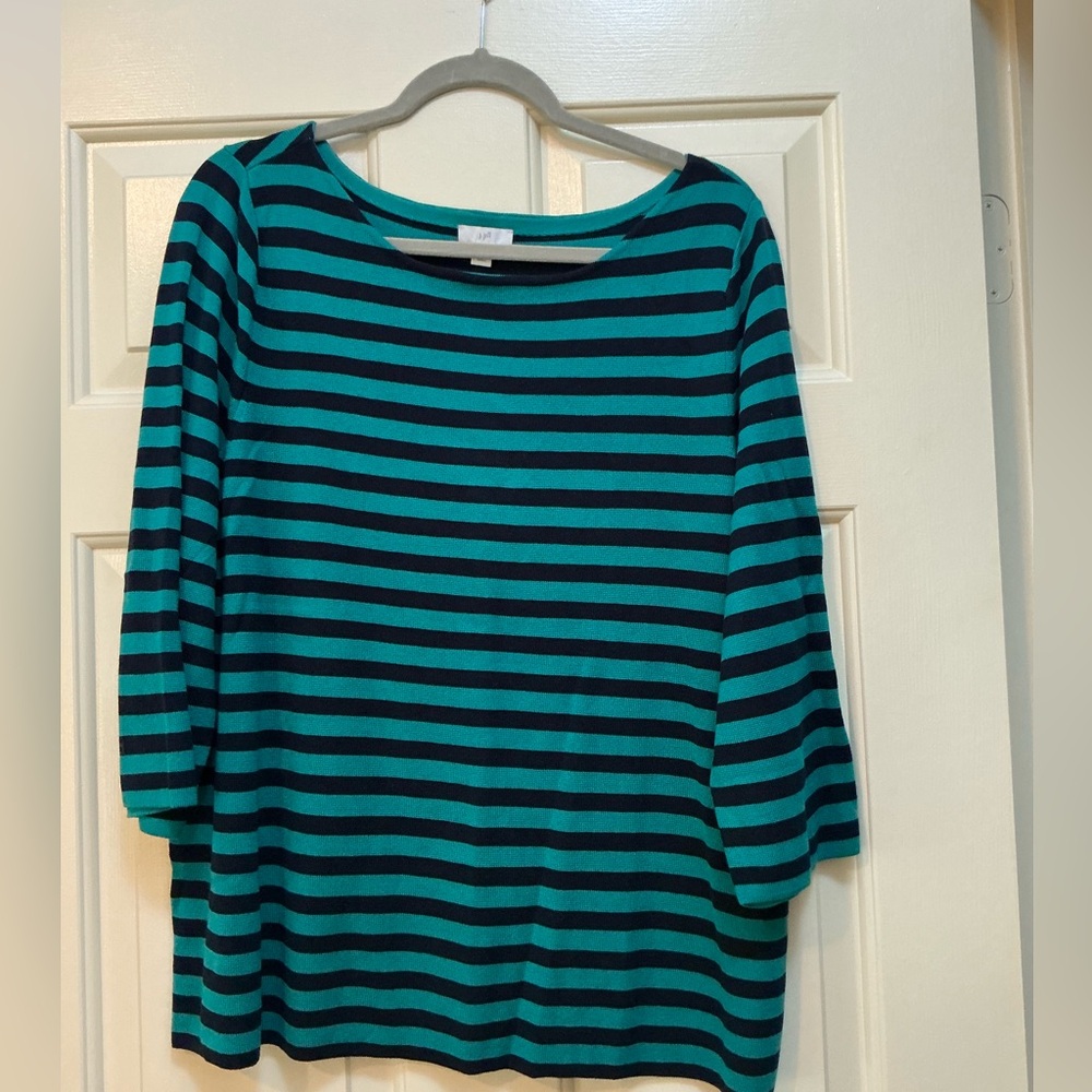 JJILL NWOT Striped Boatneck Three-Quarter Sleeve sweater - Teal & Black